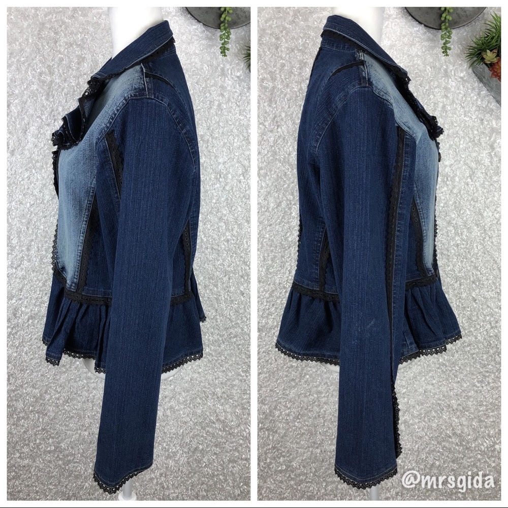 The Pyramid Collection Two-Tone Blue Denim Peplum Jacket with Ruffle Collar - Picture 3 of 9